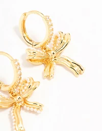 Gold Plated Brass Freshwater Pearl Encrusted Bow Drop Huggie Earrings