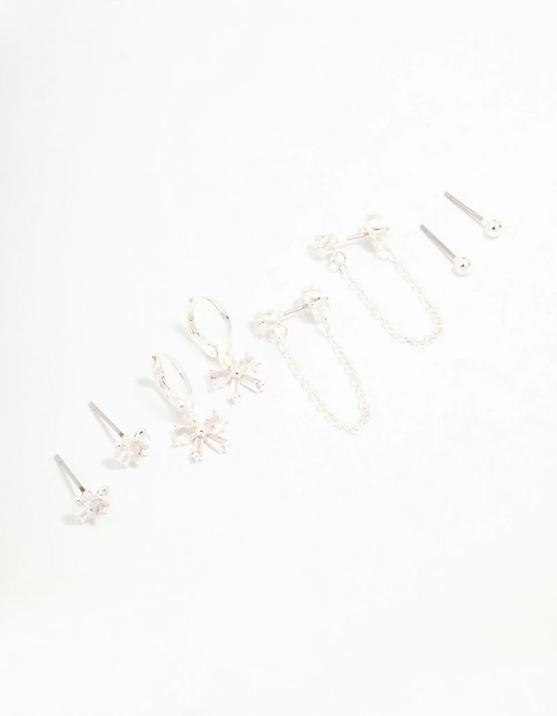 Silver Plated Bow Cubic Zirconia Chain & Stud Earrings 4-Pack