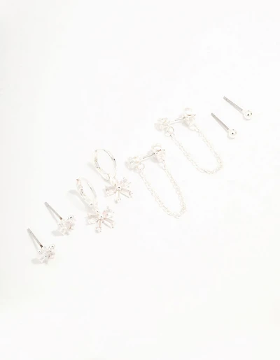 Silver Plated Bow Cubic Zirconia  Chain & Stud Earrings 4-Pack