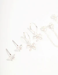 Silver Plated Bow Cubic Zirconia  Chain & Stud Earrings 4-Pack