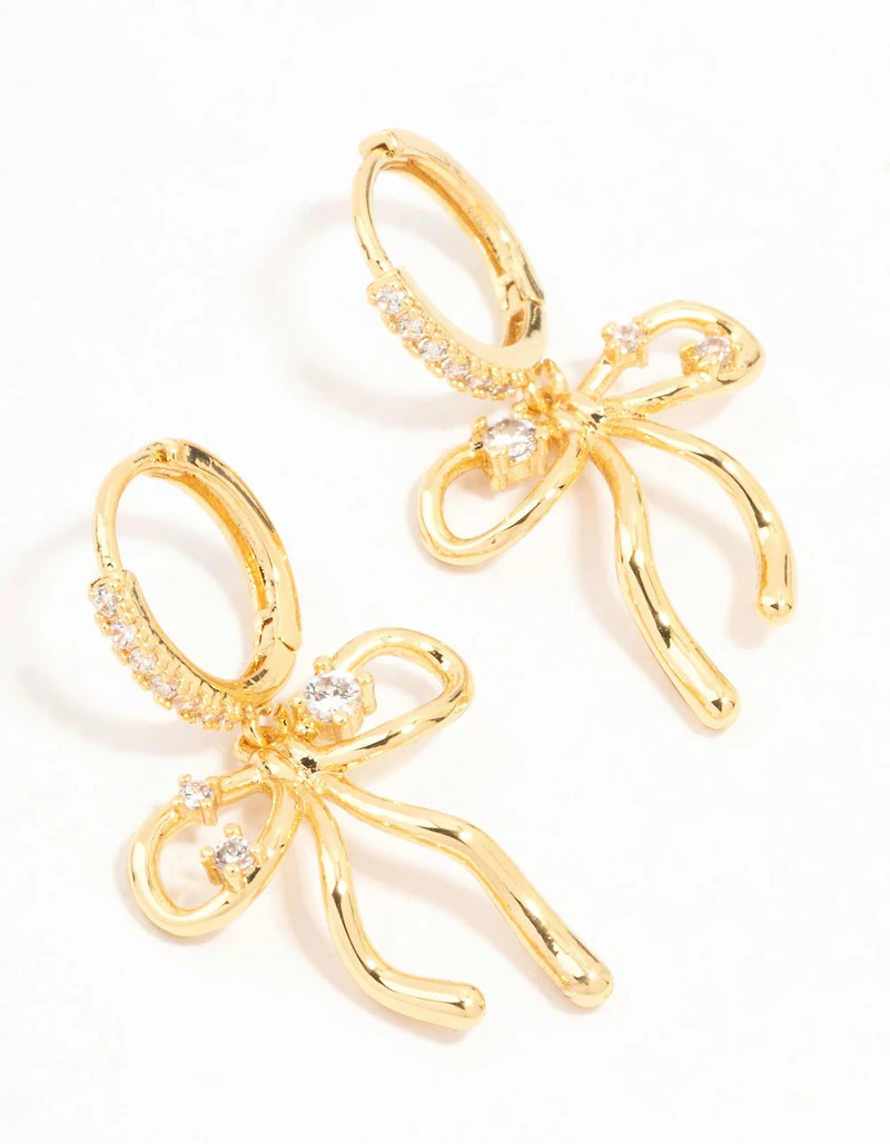 Real Gold Plated Cubic Zirconia Speckled Bow Huggie Earrings