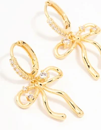 Real Gold Plated Cubic Zirconia Speckled Bow Huggie Earrings