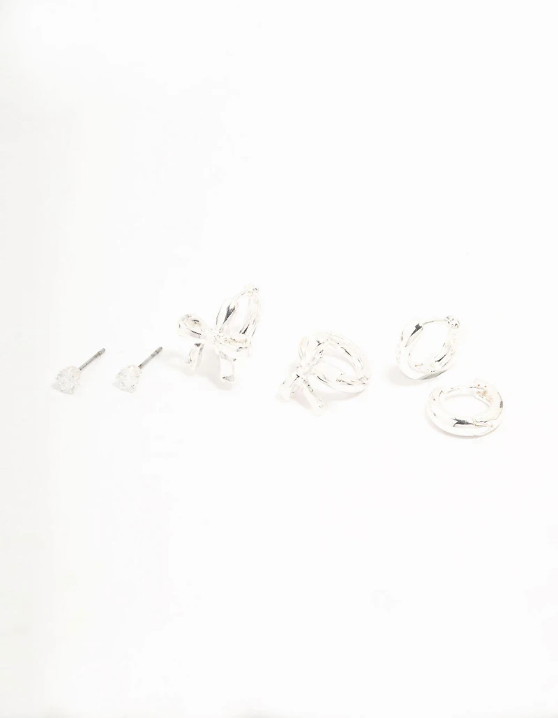 Silver Plated  Bow Huggie & Cubic Zirconia Stud Earrings 3-Pack