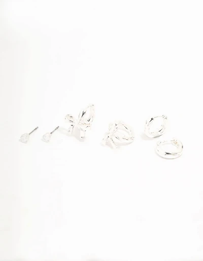 Silver Plated  Bow Huggie & Cubic Zirconia Stud Earrings 3-Pack
