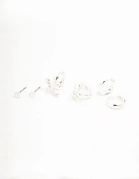 Silver Plated  Bow Huggie & Cubic Zirconia Stud Earrings 3-Pack