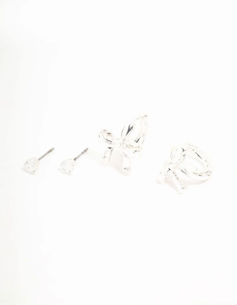 Silver Plated  Bow Huggie & Cubic Zirconia Stud Earrings 3-Pack