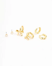 Gold Plated Brass Bow Drop & Cubic Zirconia Huggie & Stud Earrings 3-Pack