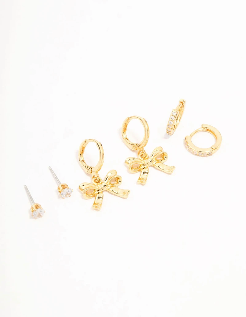 Gold Plated Brass Bow Drop & Cubic Zirconia Huggie & Stud Earrings 3-Pack