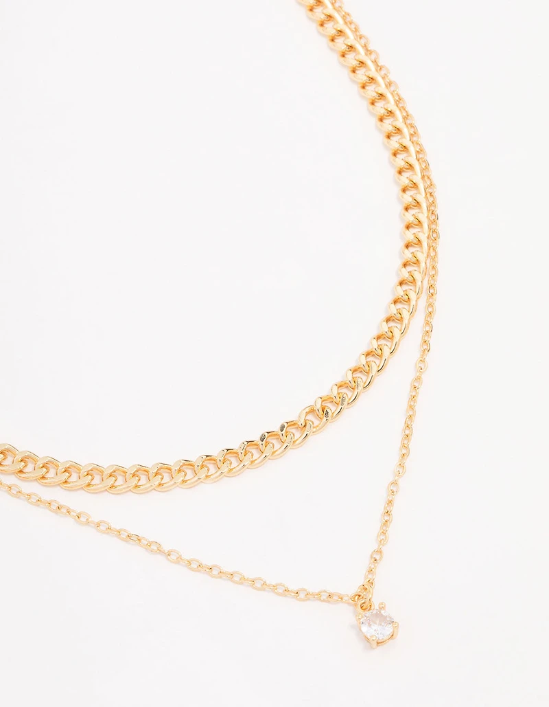 Collier en couches de chaîne de curb en diamants plaqué or