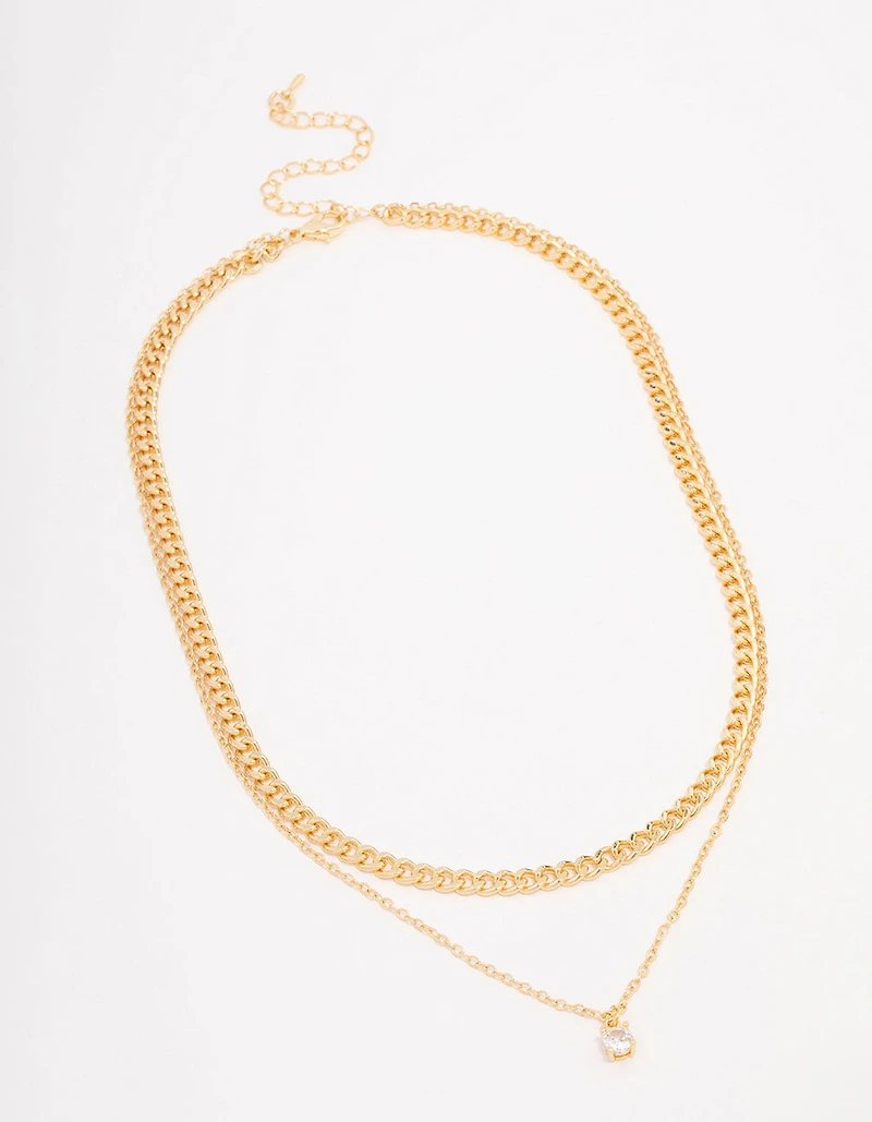 Collier en couches de chaîne de curb en diamants plaqué or