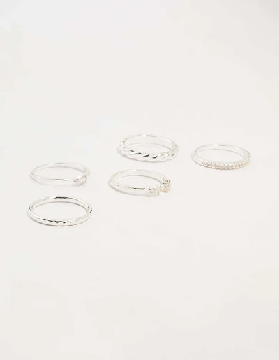 Silver Plated Dainty Diamante Stacking Rings 5-Pack