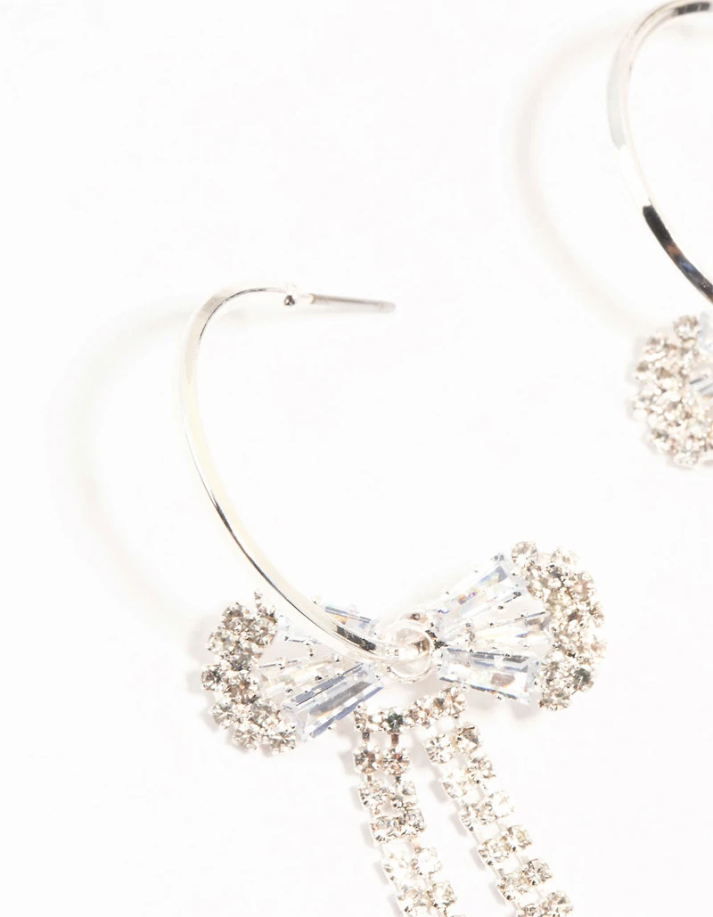Diamante Bow Hoop Silver Earrings
