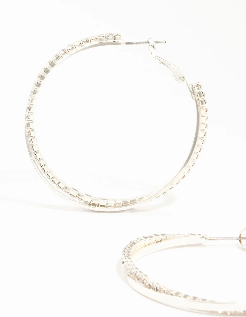 Silver Smooth Cup Chain Diamante Hoop Earrings