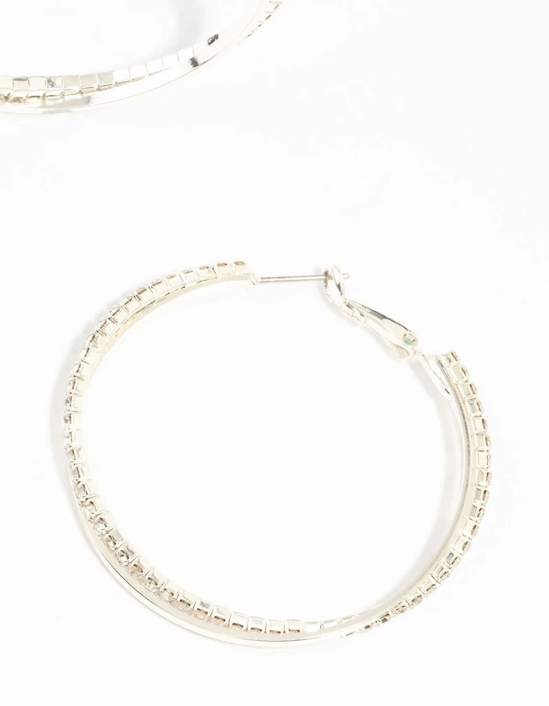 Silver Smooth Cup Chain Diamante Hoop Earrings