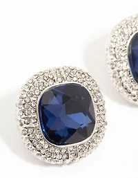 Silver Large Blue Diamante Stud Earrings