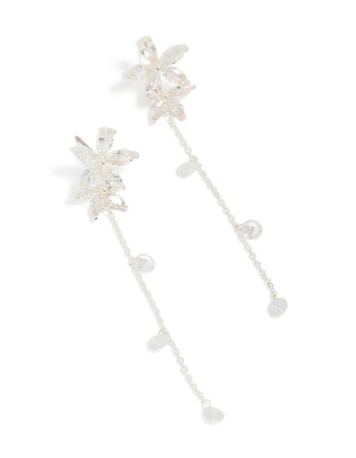 Silver Plated Cubic Zirconia Flower Station Drop Earrings