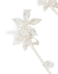 Silver Plated Cubic Zirconia Flower Station Drop Earrings
