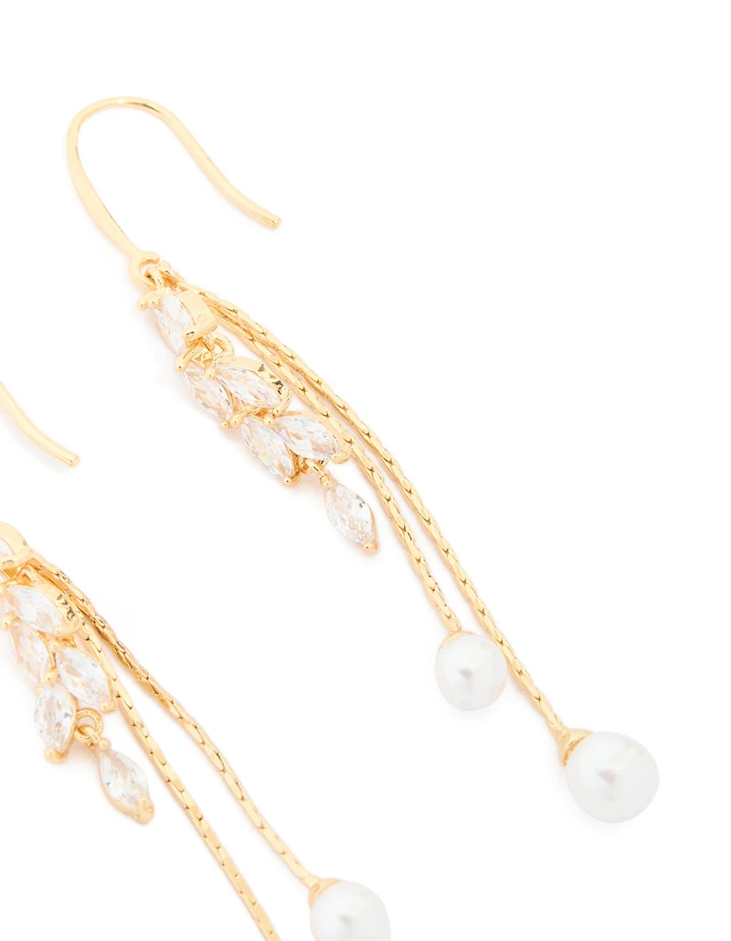 Gold Plated Cubic Zirconia Pearl Leaf Drop Hook Earrings