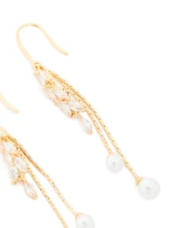 Gold Plated Cubic Zirconia Pearl Leaf Drop Hook Earrings