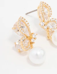 Gold Plated Cubic Zirconia Butterfly Pearl Drop Earrings