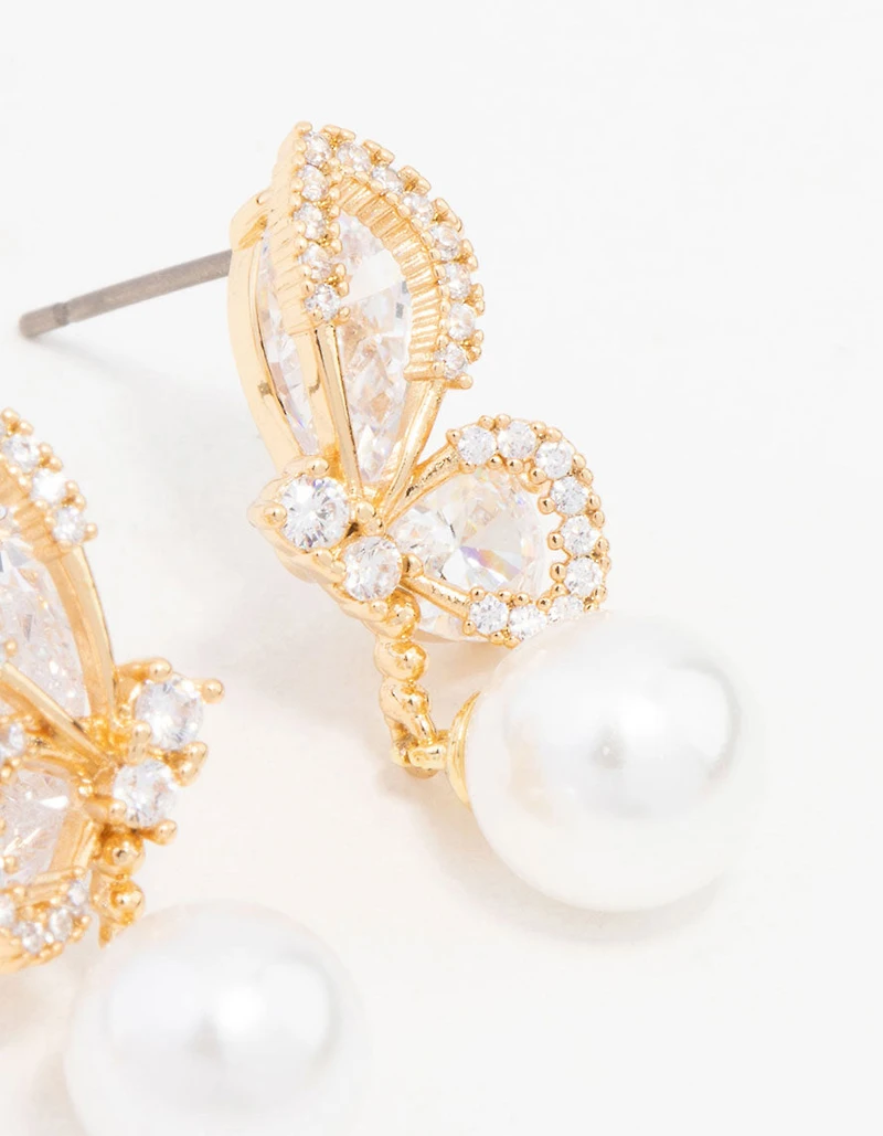 Gold Plated Cubic Zirconia Butterfly Pearl Drop Earrings