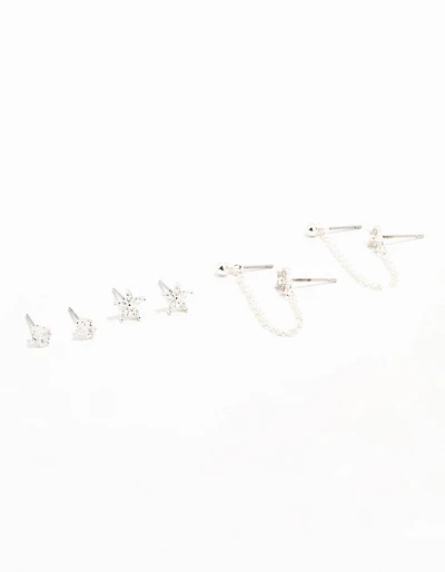 Silver Plated Brass  Flower & Chain Earrings 3-Pack
