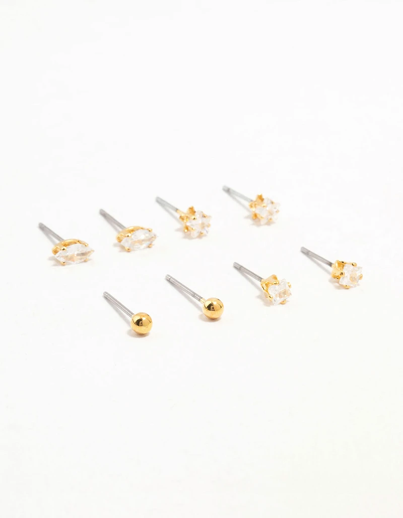 Gold Plated Brass Star & Marquise Cubic Zirconia Earrings 4-Pack