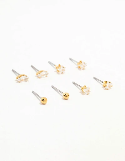 Gold Plated Brass Star & Marquise Cubic Zirconia Earrings 4-Pack