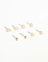 Gold Plated Brass Star & Marquise Cubic Zirconia Earrings 4-Pack
