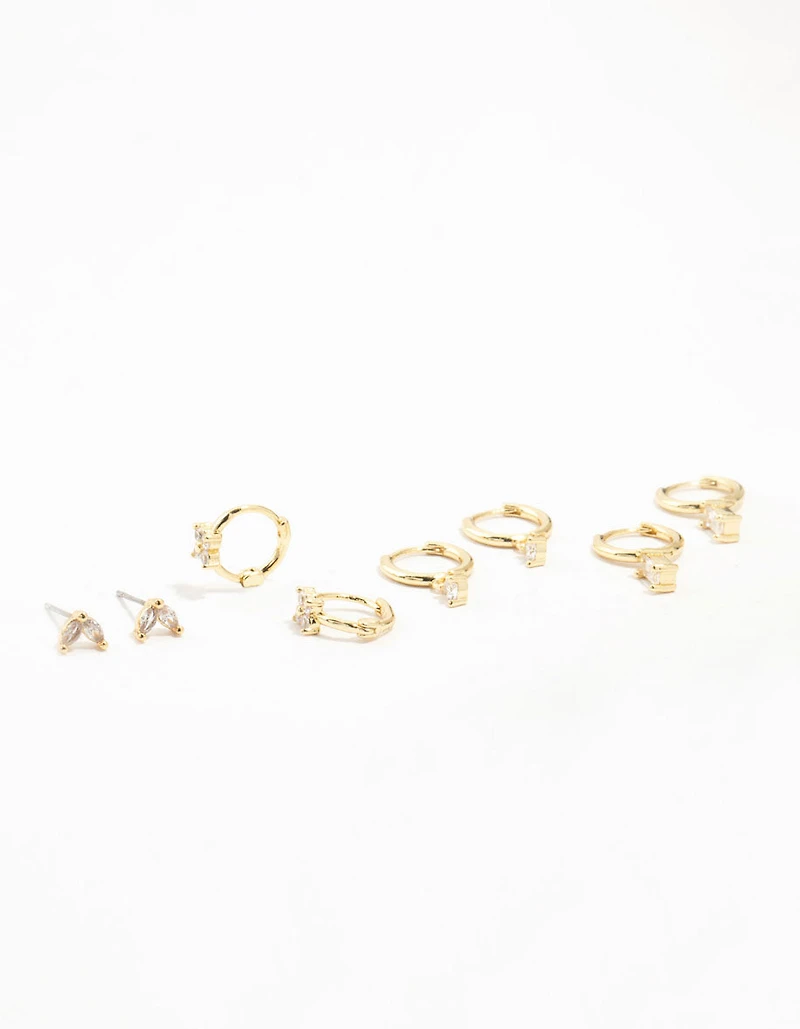 Gold Plated Brass Cubic Zirconia Hoop Earrings 4-Pack