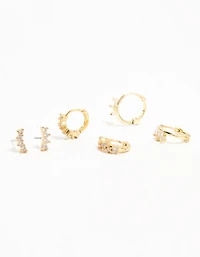 Gold Plated Brass Cubic Zirconia Leaf Hoop & Crawler Earrings 3-Pack