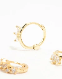 Gold Plated Brass Cubic Zirconia Leaf Hoop & Crawler Earrings 3-Pack