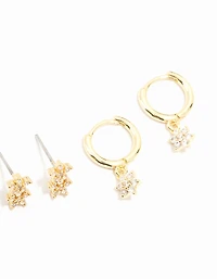Gold Plated Brass Cubic Zirconia Flower Earrings 4-Pack