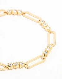Gold Plated Brass Alternating Trio Cubic Zirconia Rectangle Link Bracelet