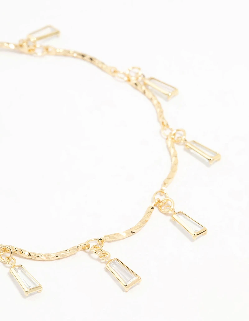 Gold Plated Brass Cubic Zirconia Baguette Charm Bracelet
