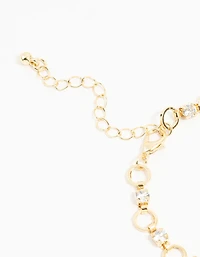 Gold Plated Brass Alternating Cubic Zirconia Round Link Bracelet
