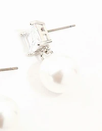 Silver Square Cubic Zirconia & Pearl Drop Earrings