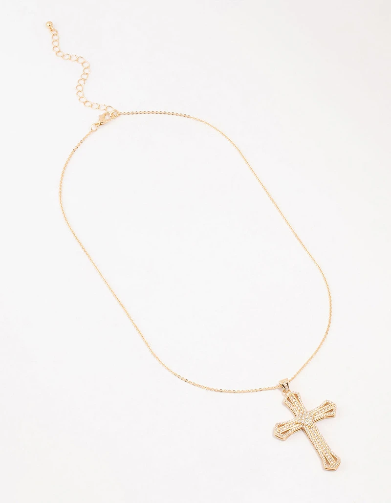 Gold Radiant Cubic Zirconia Cross Necklace