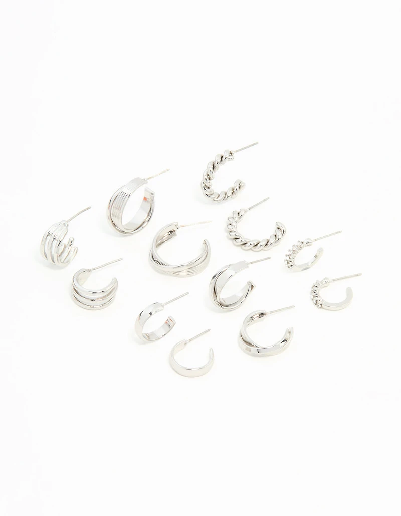 Silver Twisted & Sleek Hoop Earrings 6-Pack