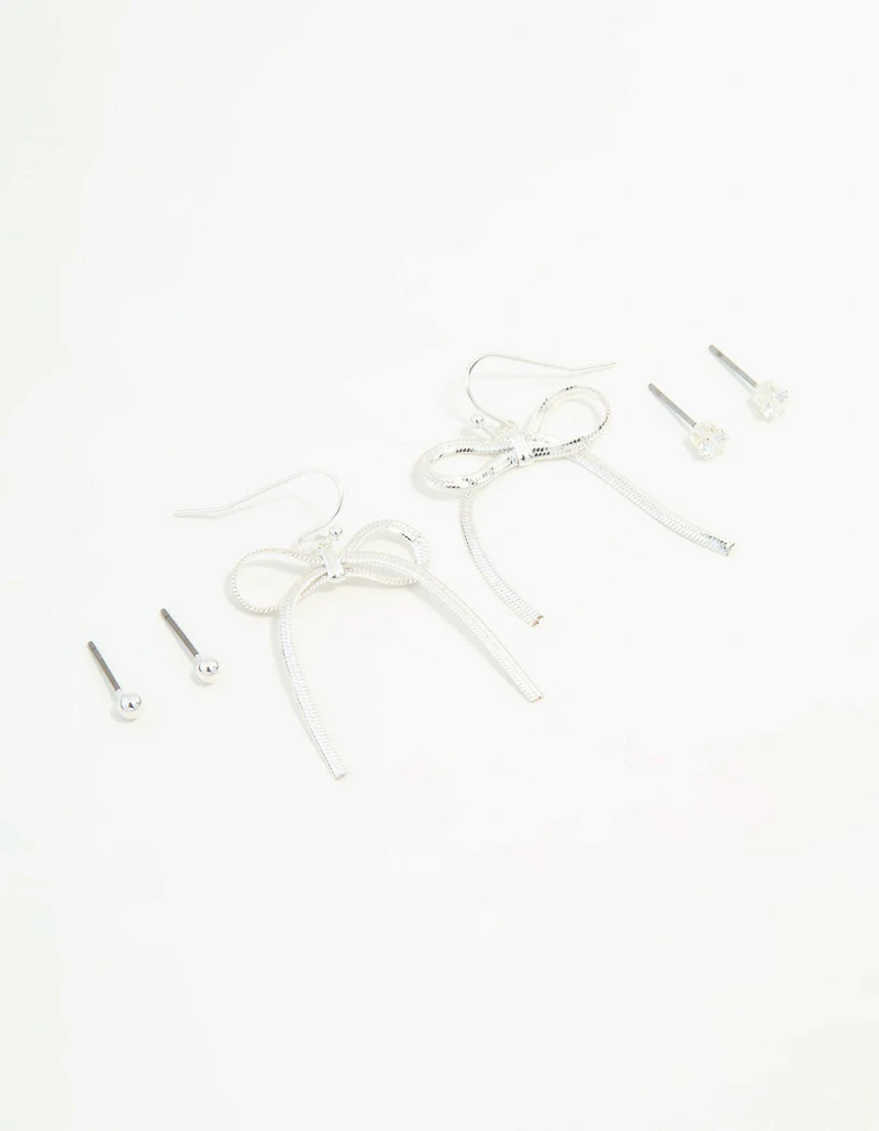 Silver Sleek Ball, Diamante & Bow Earrings 3-Pack