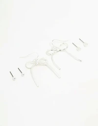 Silver Sleek Ball, Diamante & Bow Earrings 3-Pack