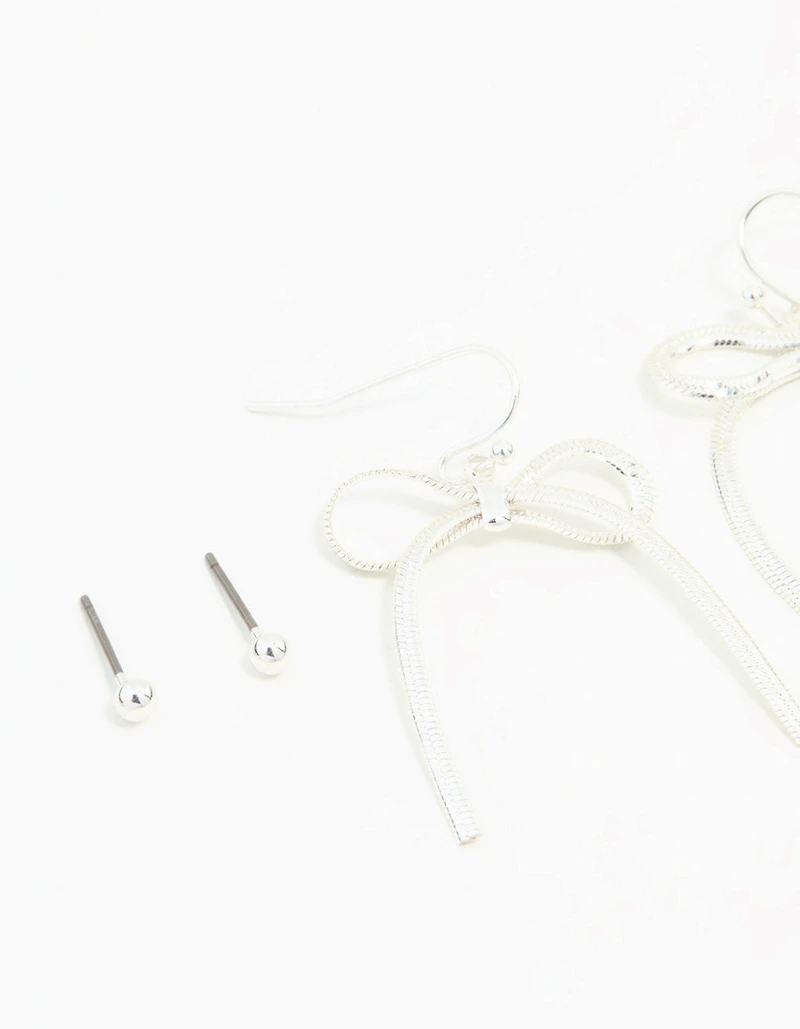 Silver Sleek Ball, Diamante & Bow Earrings 3-Pack