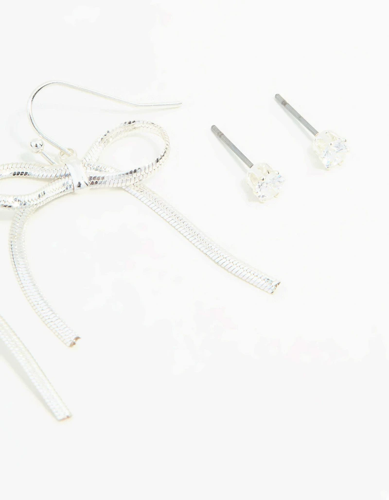 Paquet de 3 boucles d’oreilles Silver Sleek Ball, Diamante & Bow
