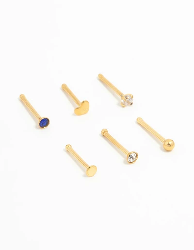 Gold Plated Titanium Heart & Cubic Zirconia Nose Studs 6-Pack
