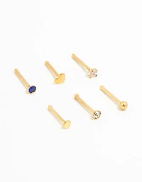 Gold Plated Titanium Heart & Cubic Zirconia Nose Studs 6-Pack
