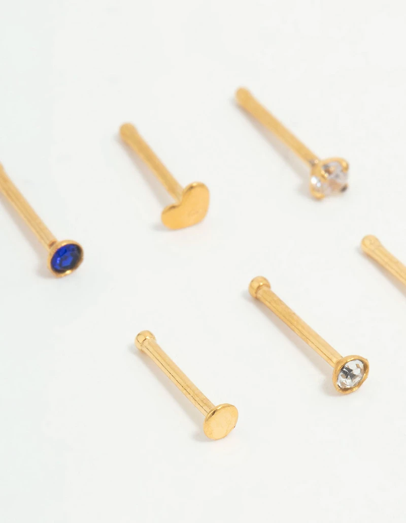 Gold Plated Titanium Heart & Cubic Zirconia Nose Studs 6-Pack