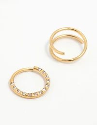 Gold Plated Titanium Cubic Zirconia & Spiral Nose Rings 2-Pack