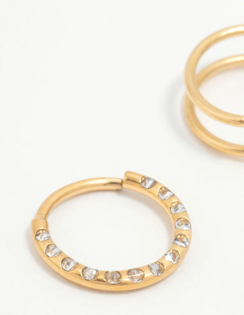 Gold Plated Titanium Cubic Zirconia & Spiral Nose Rings 2-Pack