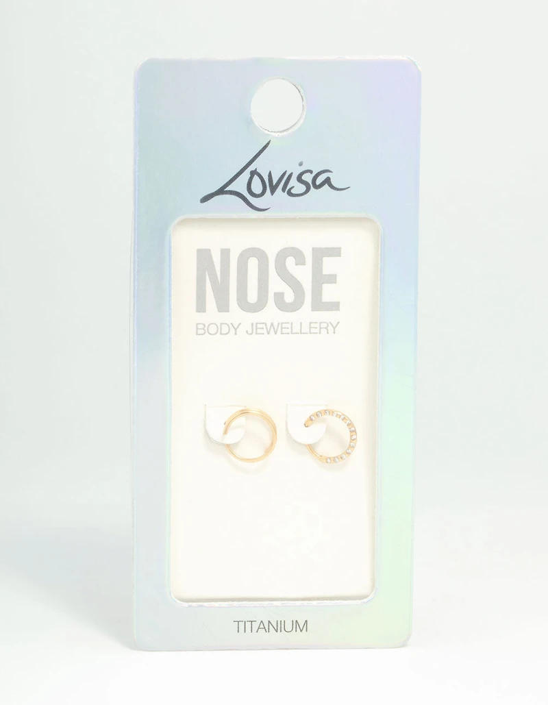 Gold Plated Titanium Cubic Zirconia & Spiral Nose Rings 2-Pack