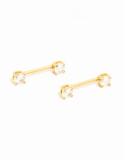 Gold Plated Titanium Round Cubic Zirconia Nipple Bars 2-Pack